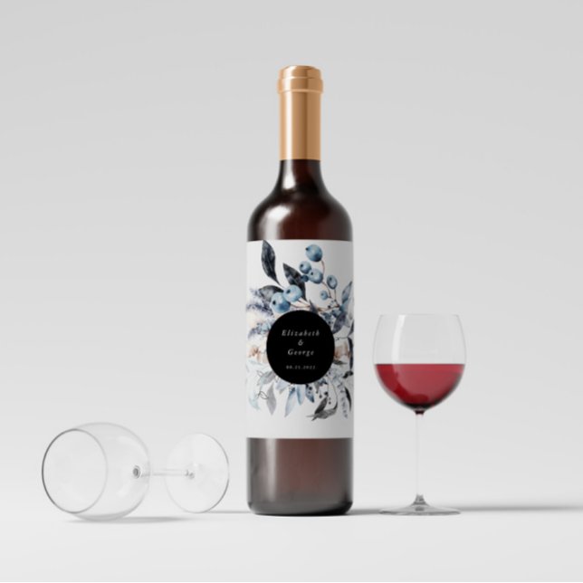 Frosty Dusty Blue Winter Floral Monogram Wedding Wine Label (Creator Uploaded)