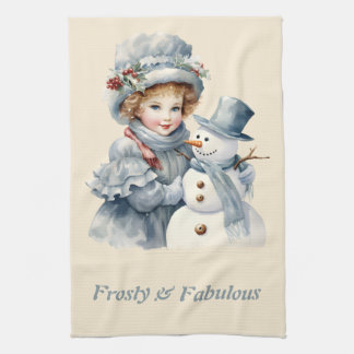 Frosty & Fabulous Cute Girl Snowman Christmas Tea Towel