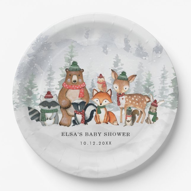 Frosty Forest Winter Woodland Baby Animals Holiday Paper Plate (Front)