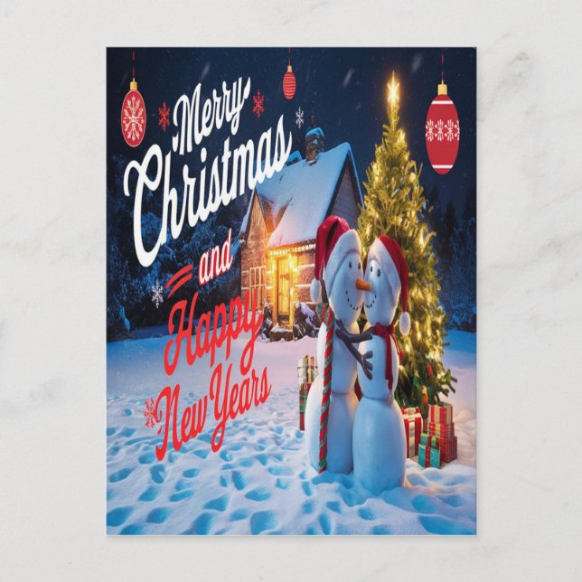 Frosty Friends: Snowman and Christmas Tree Dance  Postcard (Front)