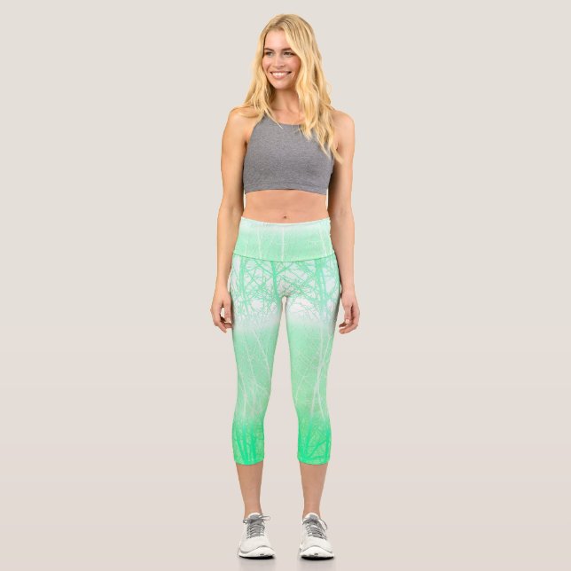 Frosty Misty Branches Mint Green Capri Leggings (Front)