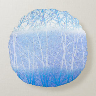 Frosty MIsty Trees Baby Blue Round Cushion