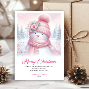 Frosty pink snowman kids greeting card editable