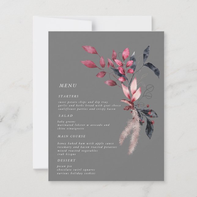 frosty red winter floral Wedding Dinner Menu card (Front)