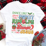 Frosty Rudolph Santa Jesus Christian Christmas Tri-Blend Shirt<br><div class="desc">Celebrate the joy of the Christmas season with this fun and meaningful "Dance Like Frosty, Shine Like Rudolph, Give Like Santa, Love Like Jesus" shirt! Featuring a playful blend of beloved holiday icons and a heartfelt Christian message, this shirt is perfect for spreading cheer during the holidays. With vibrant colours...</div>