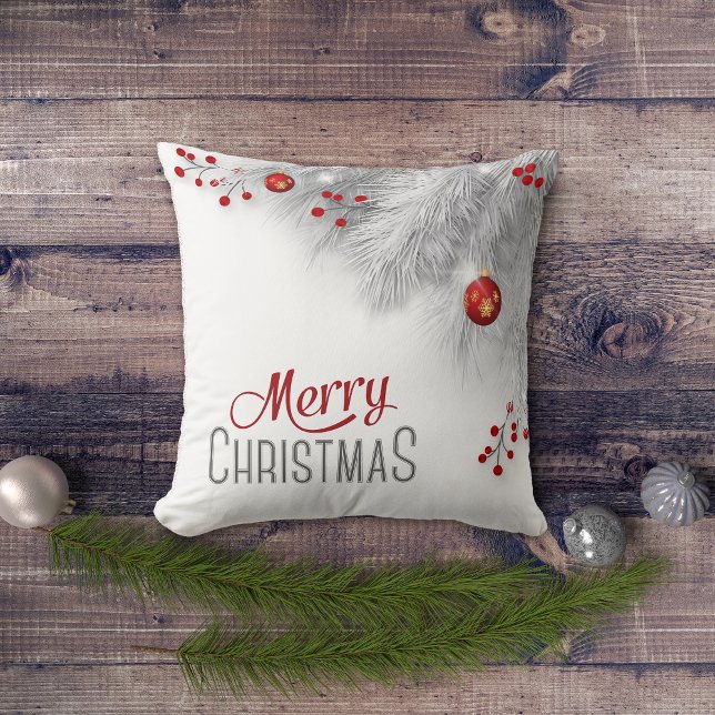 Frosty Silver Bough Red Decorations Christmas Cushion (Creator Uploaded)