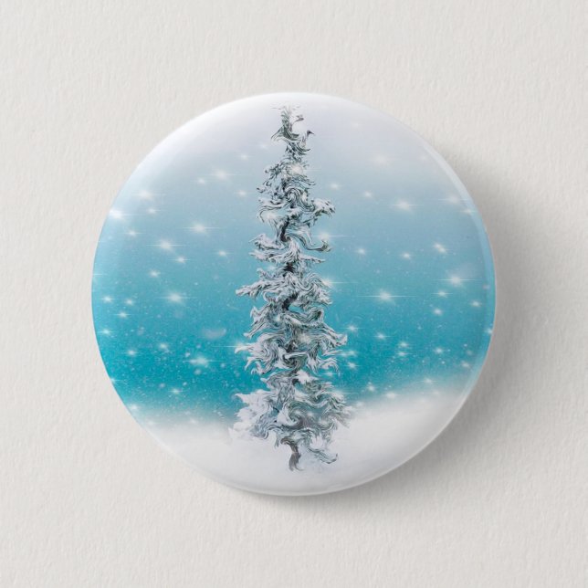 Frosty snow scene pine tree snowflakes 6 cm round badge (Front)
