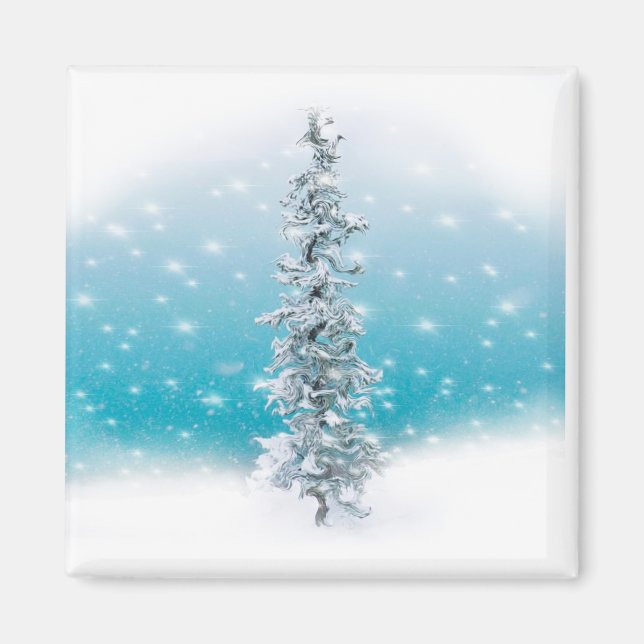Frosty snow scene pine tree snowflakes magnet (Front)