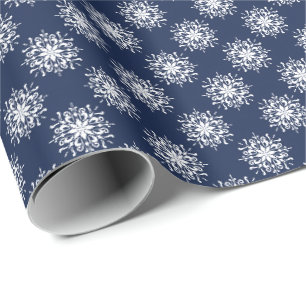 Frosty Snowflake Design on a Midnight Blue Sky Wrapping Paper