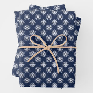 Frosty Snowflake Design on a Midnight Blue Sky Wrapping Paper Sheet