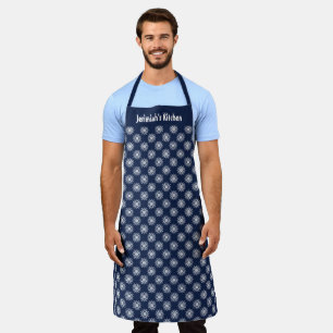 Frosty snowflakes on a midnight blue sky design apron