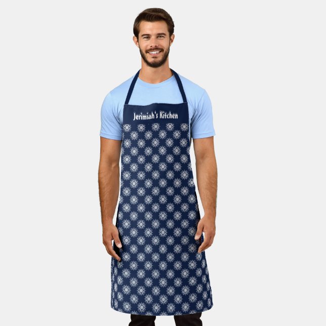 Frosty snowflakes on a midnight blue sky design apron (Worn)