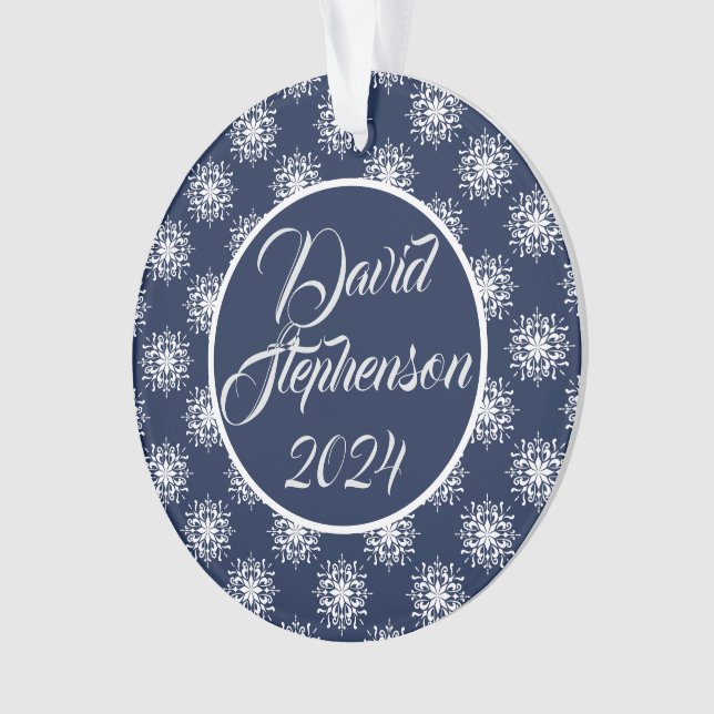 Frosty snowflakes on a midnight blue sky  ornament (Front)