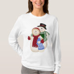 Frosty Snowman Family - Blue T-Shirt<br><div class="desc">Frosty the Snowman with Mrs Frosty and baby girl Frosty. They are all dressed up in scarf and mittens. Great design for the holidays or throughout winter.</div>