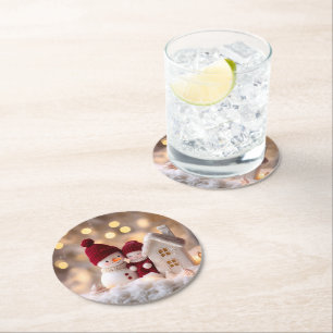 Frosty Snowman Siblings Winter Joy Round Paper Coaster