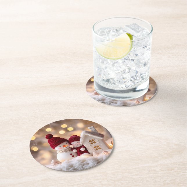 Frosty Snowman Siblings Winter Joy Round Paper Coaster (Insitu)