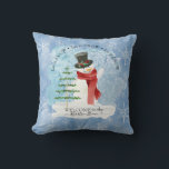 Frosty Snowman Winter Retro Christmas Snowflakes Cushion<br><div class="desc">"Frosty Snowman Winter Retro Christmas Snowflakes Decorative Holiday Throw Pillow." Frosty the snowman painted in classic retro style with a Christmas tree and his elegant topy hat and winter scarf of red. Perfect for winter season home decor. All artwork was painted in watercolor in by internationally licensed artist and designer,...</div>