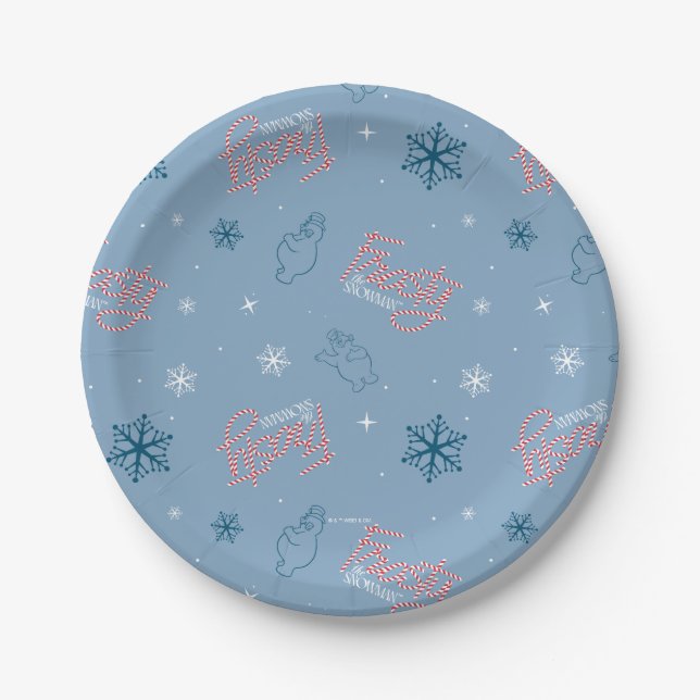 Frosty the Snowman Blue Snowflake Pattern Paper Plate (Front)