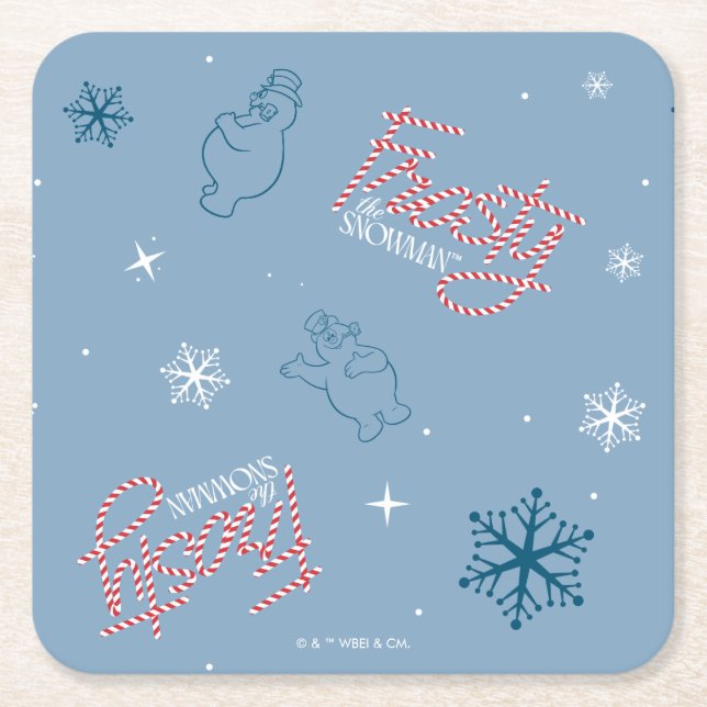 Frosty the Snowman Blue Snowflake Pattern Square Paper Coaster (Front)