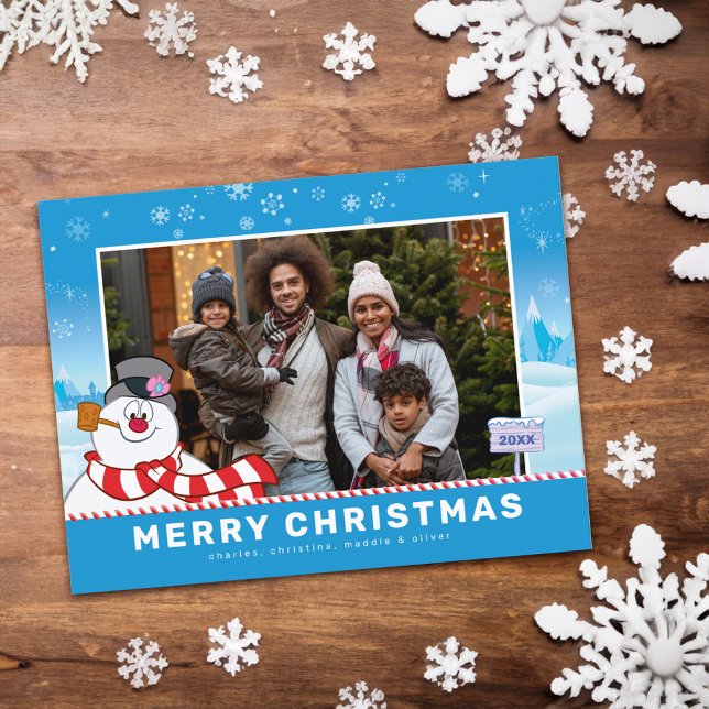 Frosty The Snowman | Merry Christmas Family Photo  Holiday Postcard (Card on table)