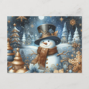 Frosty the snowman whimsical blue Christmas Postcard