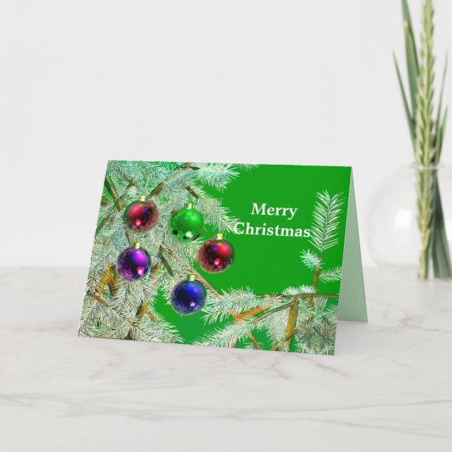 Frosty Tree Branches & Ornaments on Green Holiday Card (Front)
