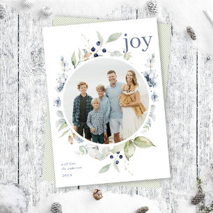 Frosty Watercolor Winter Foliage Wreath Photo Holiday Card