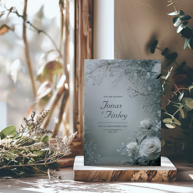Frosty White Rose and Dusty Gray Winter Wedding Invitation (Creator Uploaded)