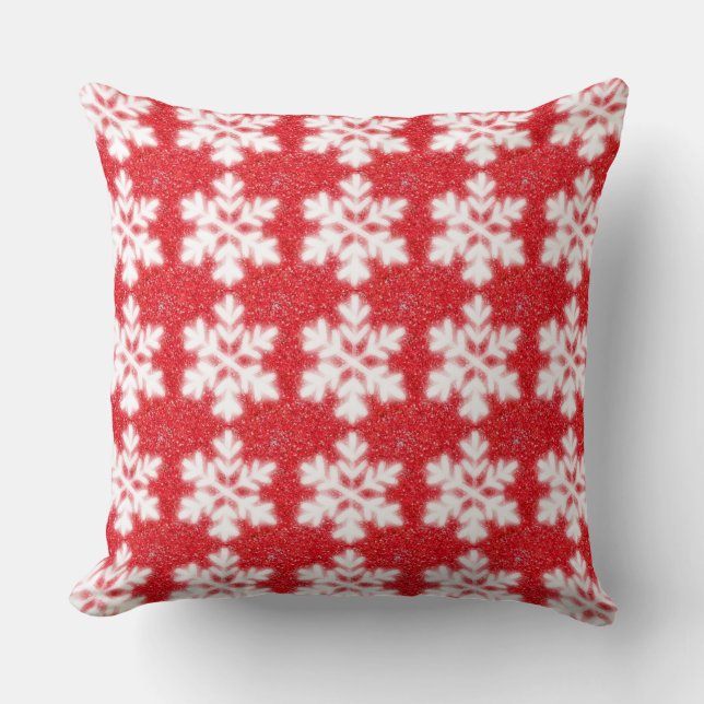 Frosty white snowflakes red white pattern cushion (Front)