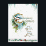 Frosty Winter Christmas Greetings w/Holly Border Postcard<br><div class="desc">Ornate Christmas Greetings text with holly embellishment and rustic cottage in winter,  aqua icicles and dimensional holly border in white background. Back features complementary graphics and editable text fields.</div>