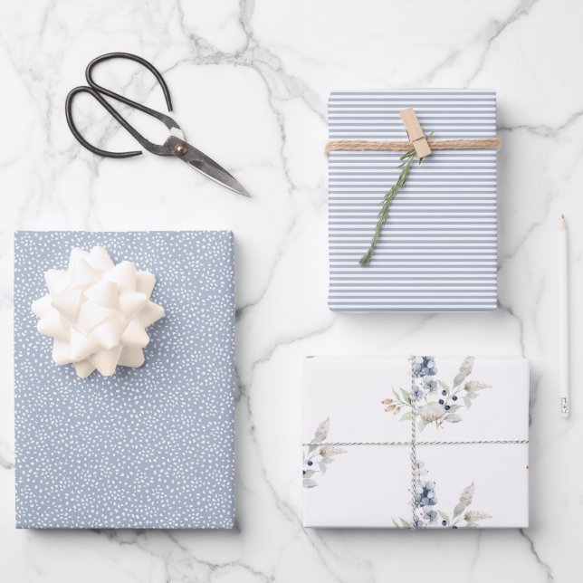 Frosty Winter Foliage Botanical Holiday Dusty Blue Wrapping Paper Sheet (Front)