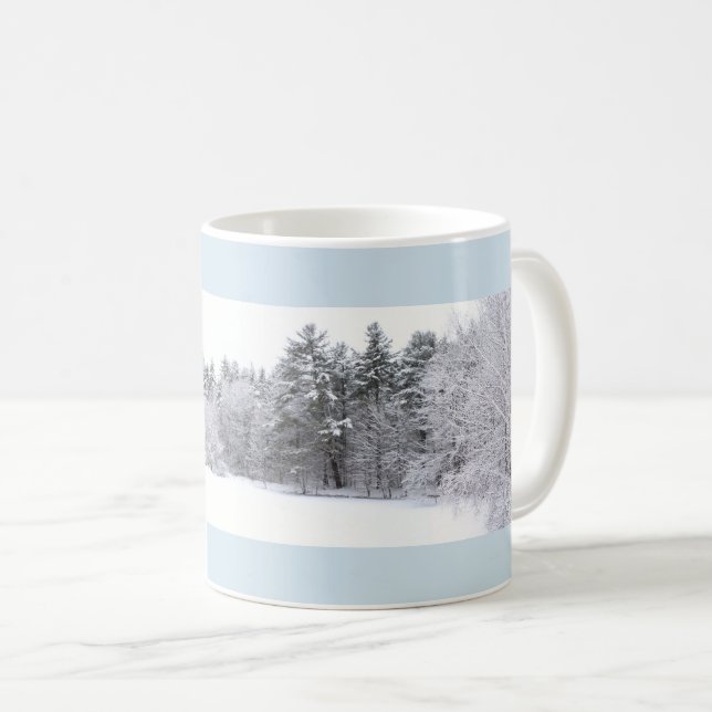 Frosty Winter Forest and Frozen Pond Panorama Coffee Mug (Front Right)