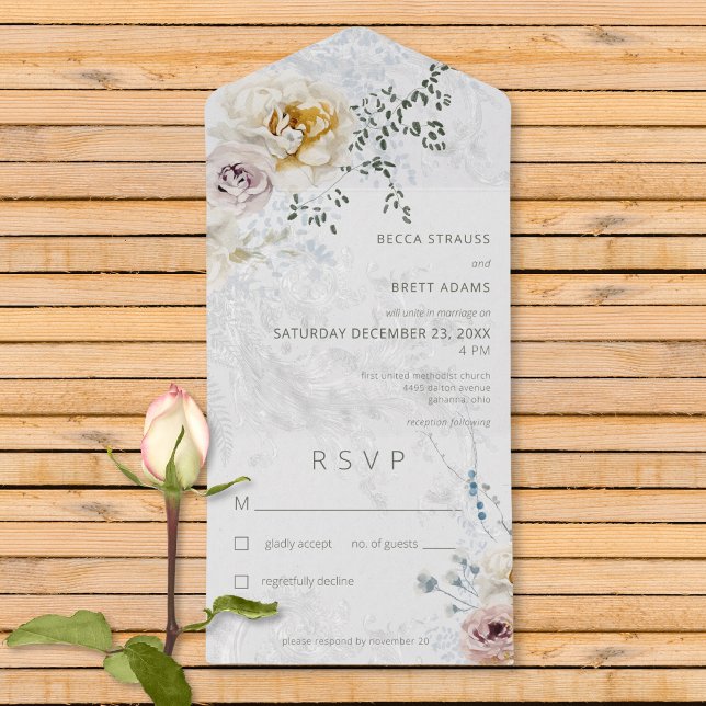 Frosty Winter Pastel Floral Modern No Dinner All In One Invitation (Also available with a QR code or with dinner selection options.)