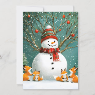Frosty Winter Whimsical Snowman Fox Wonderland Holiday Card