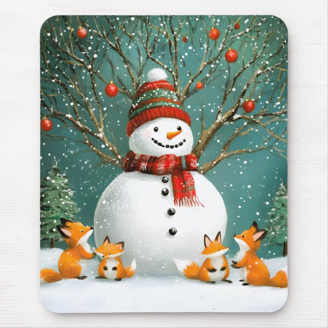 Frosty Winter Whimsical Snowman Fox Wonderland Mouse Pad (Front)