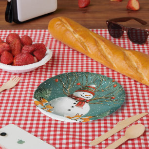 Frosty Winter Whimsical Snowman Fox Wonderland Paper Plate