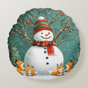 Frosty Winter Whimsical Snowman Fox Wonderland Round Cushion