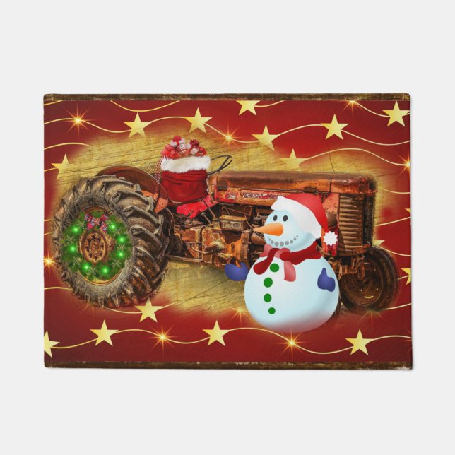 Frosty's Vintage Red Tractor Christmas Doormat (Front)