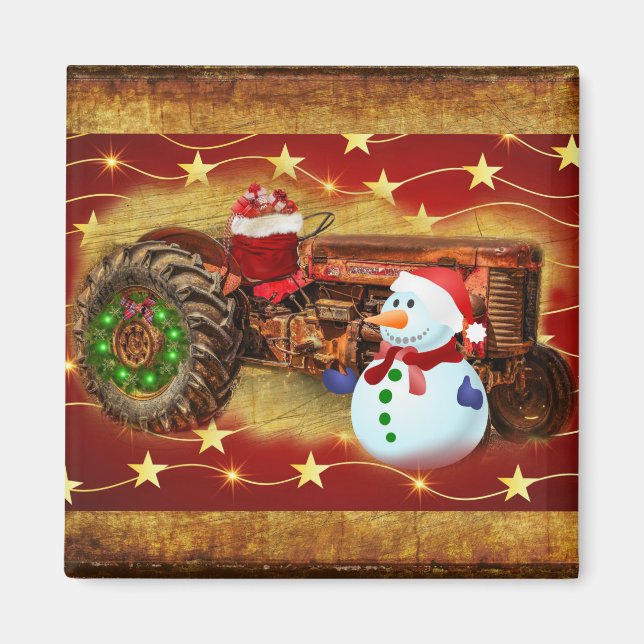Frosty's Vintage Red Tractor Christmas Magnet (Front)