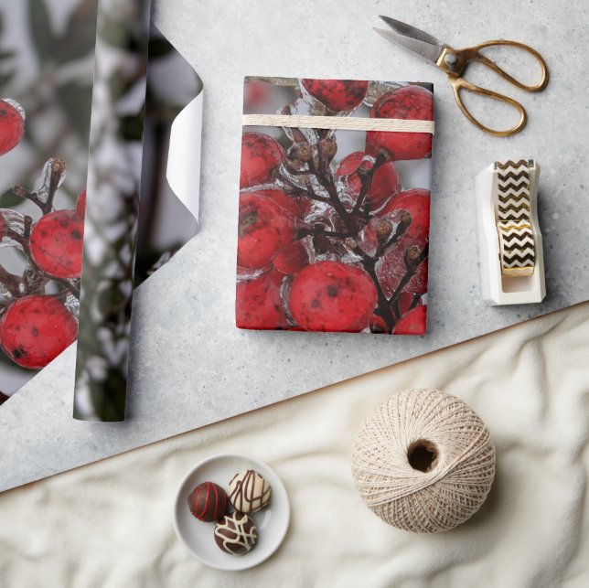 Frozen Berries on a Tree Branch Photo  Wrapping Paper (Crafts)