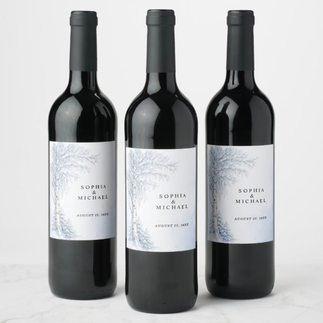 Frozen Birch Tree Wedding  Wine Label (Bottles)