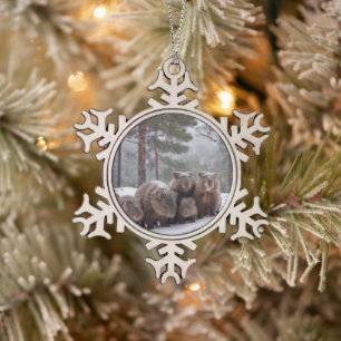 Frozen Burrow: Australian Wombat Family Snowflake Pewter Christmas Ornament