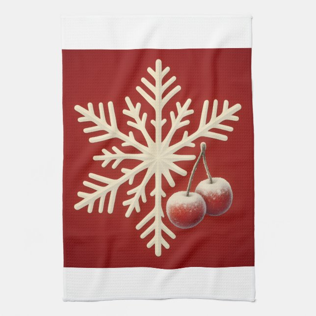 Frozen Cherry Snowflake – Winter Magic Design Tea Towel (Vertical)