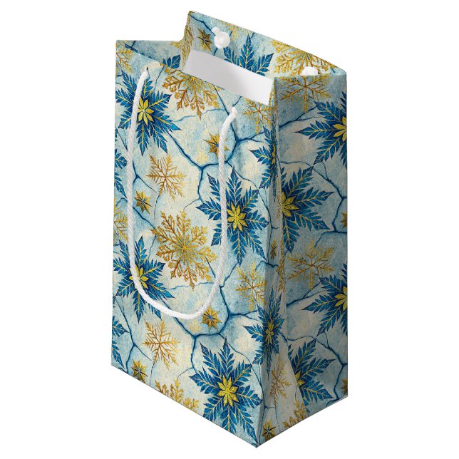 Frozen Elegance Blue and Gold Snowflake Small Gift Bag (Front Angled)