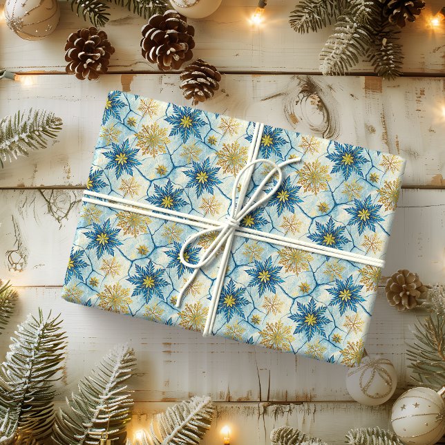Frozen Elegance Blue and Gold Snowflake Wrapping Paper (Creator Uploaded)