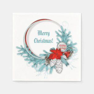Frozen Ice Blue Christmas Branch Red Poinsettia Napkin