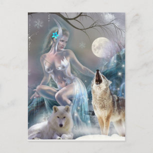 Frozen In Time Winter Girl and Wolves Postcard