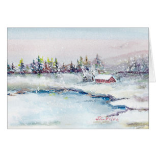 Frozen Lake Cabin Watercolor Painting