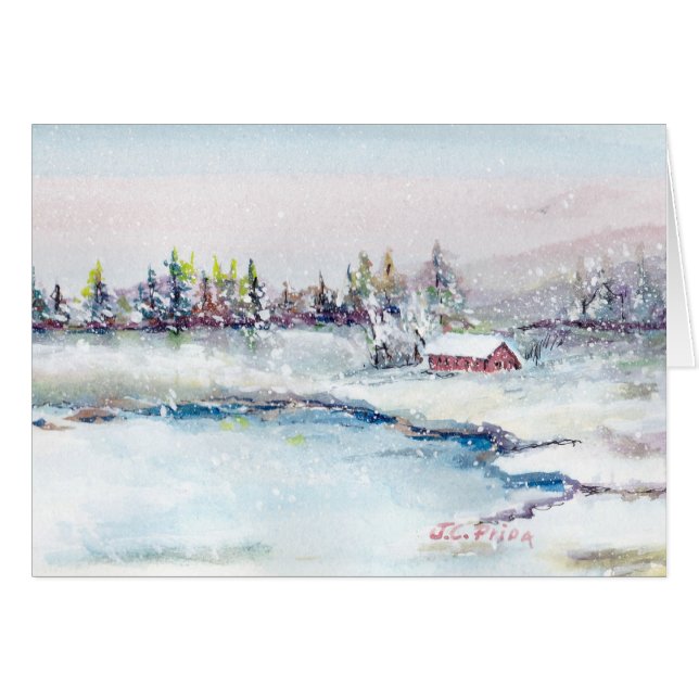 Frozen Lake Cabin Watercolor Painting (Front Horizontal)
