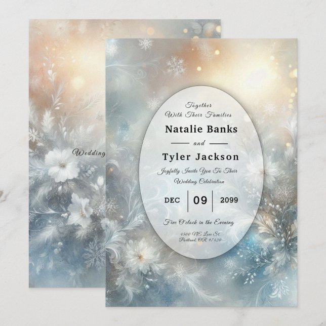 Frozen Petals in a Golden Winter Mist Wedding Invitation (Front/Back)